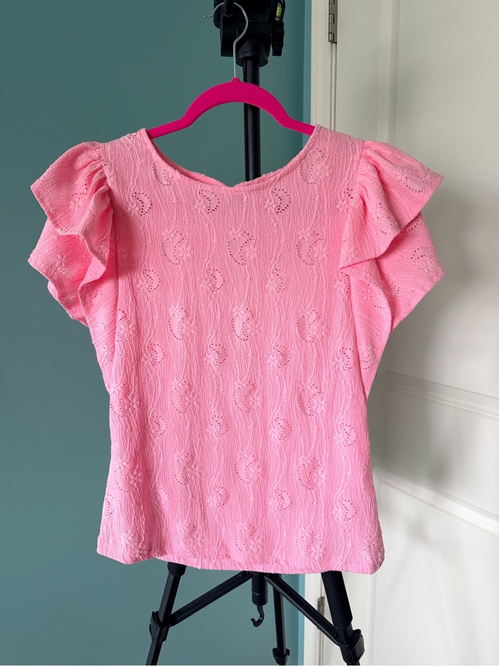 Pink Eyelet Ruffle Sleeve Blouse by Easel